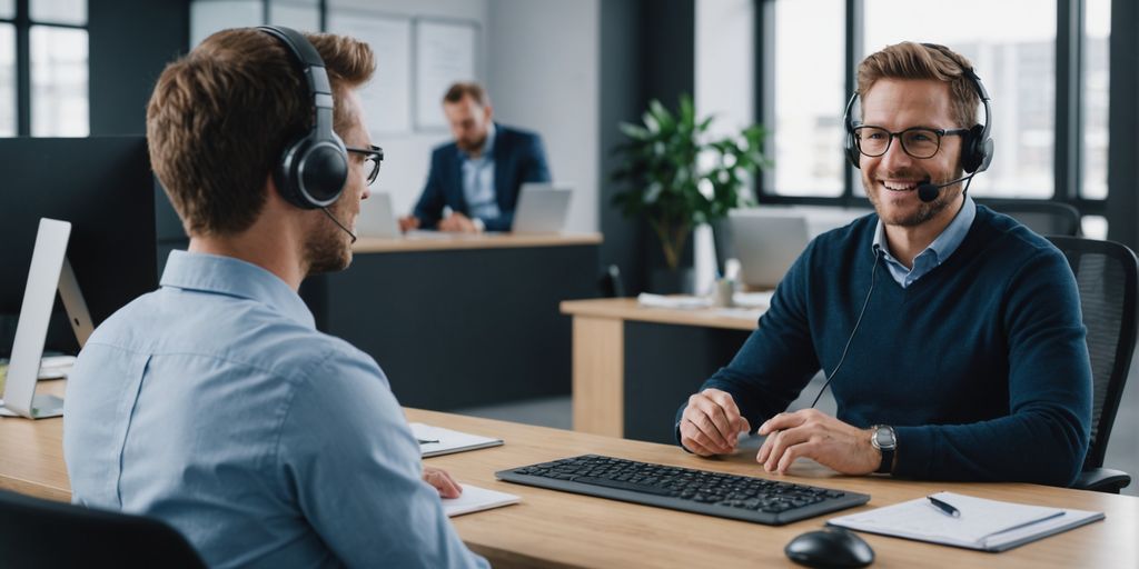 Live chat agent at desk with headset