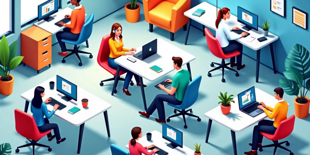 Isometric illustration of customer service agents assisting clients.