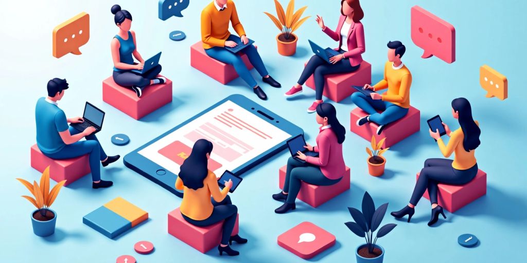 Isometric illustration of people engaging with digital devices.