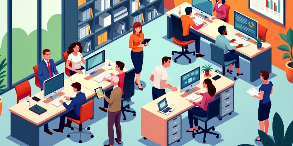 Isometric illustration of professionals collaborating in an office.