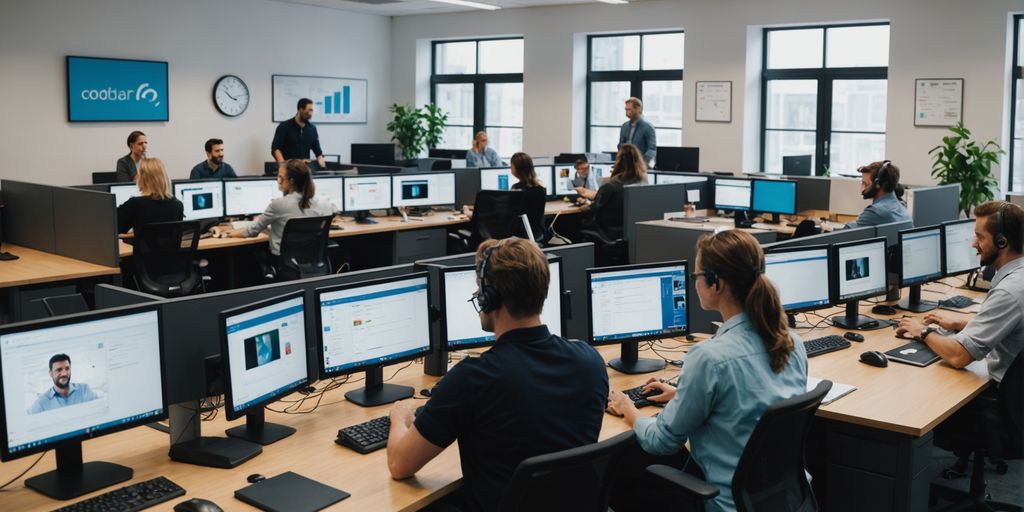 Customer support agents working in a busy office.