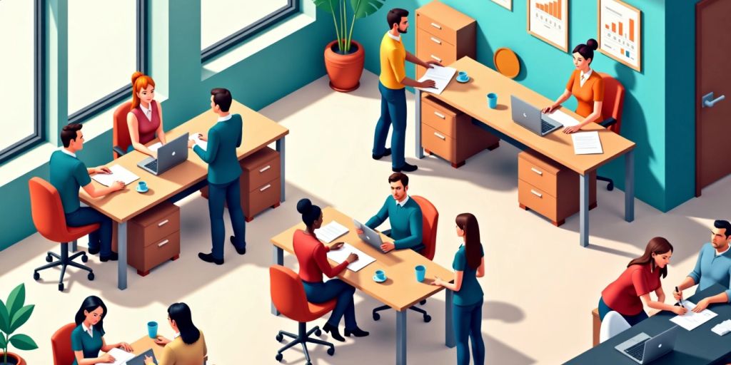 Isometric illustration of customer service representatives assisting customers.