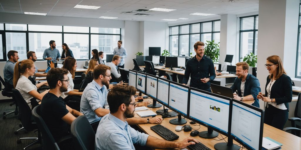 Professionals collaborating in a busy office