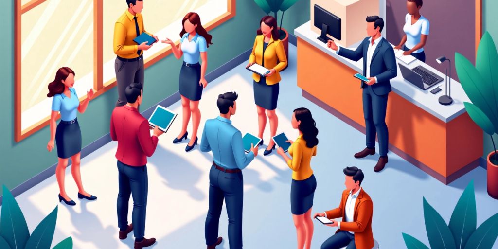 Isometric illustration of customer service interaction.