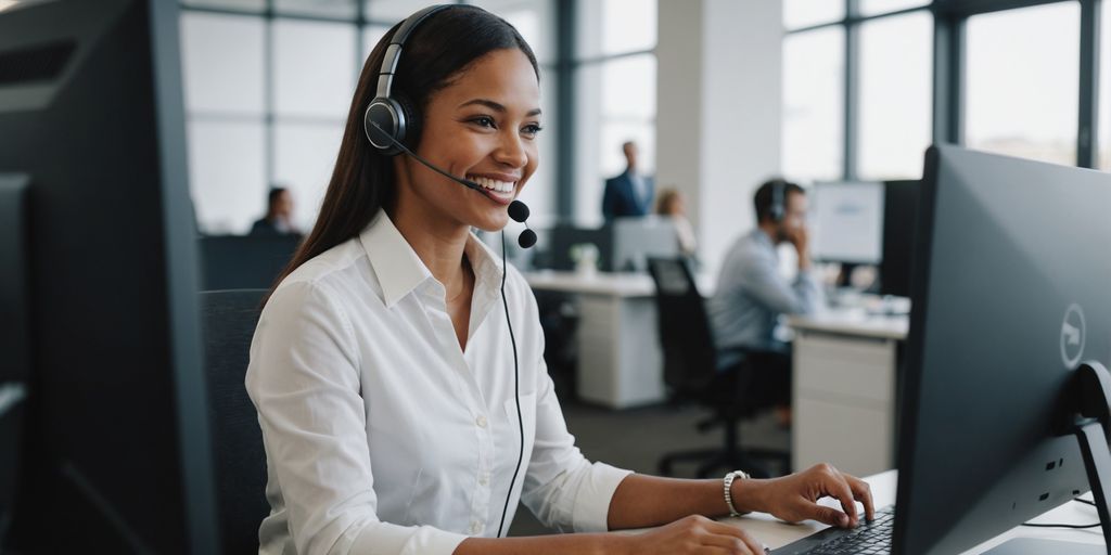 Customer service rep with headset at computer