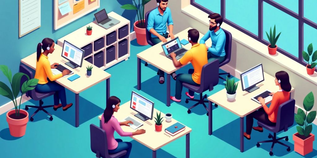 Isometric illustration of customer service representatives assisting customers.