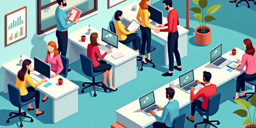 Isometric illustration of customer service representatives assisting customers.