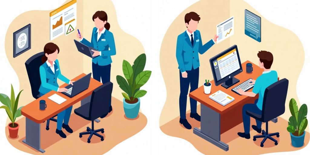 Isometric customer support and service agents at desks