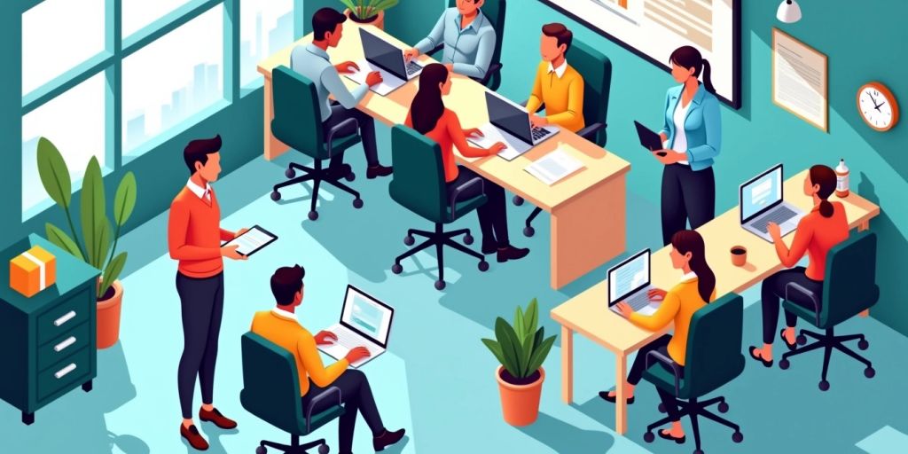 Isometric illustration of customer service representatives assisting customers.