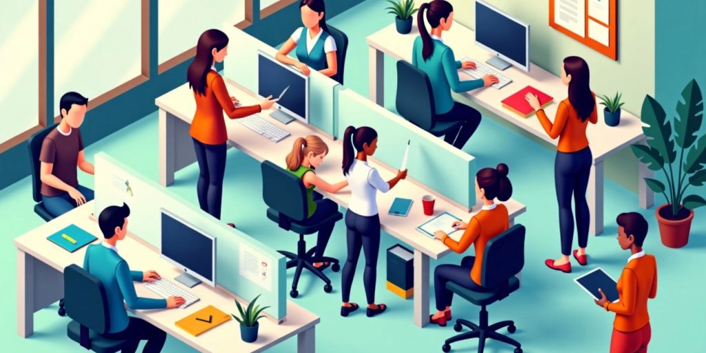 Isometric illustration of customer service representatives assisting customers.