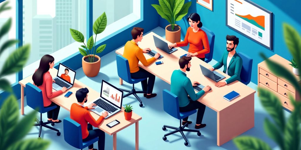 Isometric illustration of customer service representatives engaging with customers.