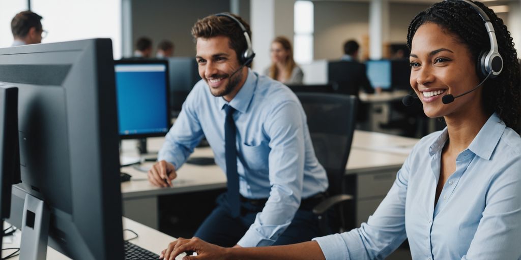 Customer service representative with headset smiling