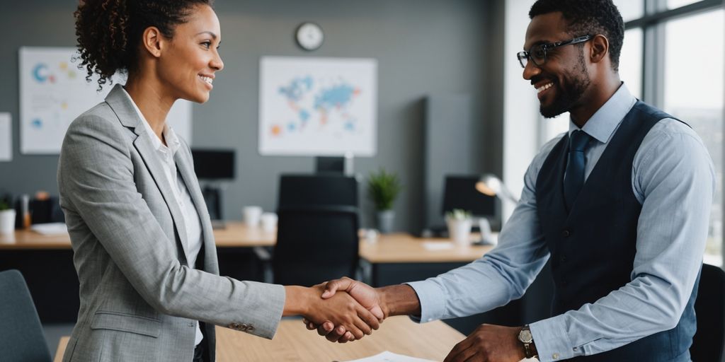 Business professional shaking hands with customer service representative