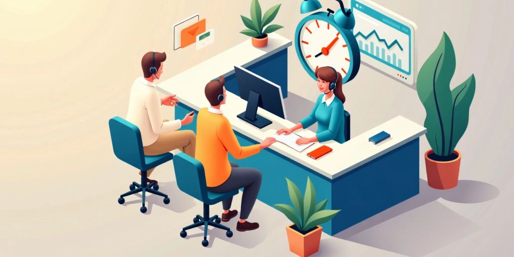 Isometric image of customer service interaction with clock.