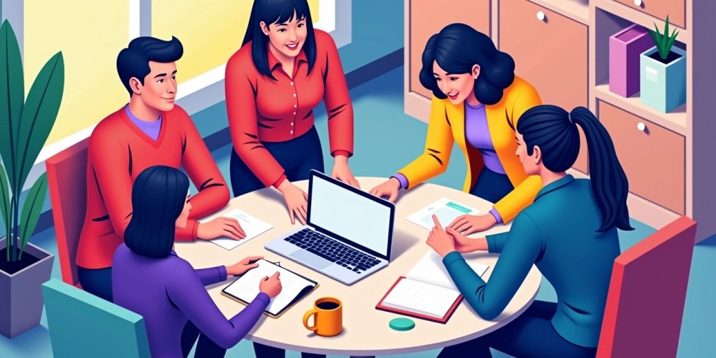 Isometric image of professionals collaborating in an office.