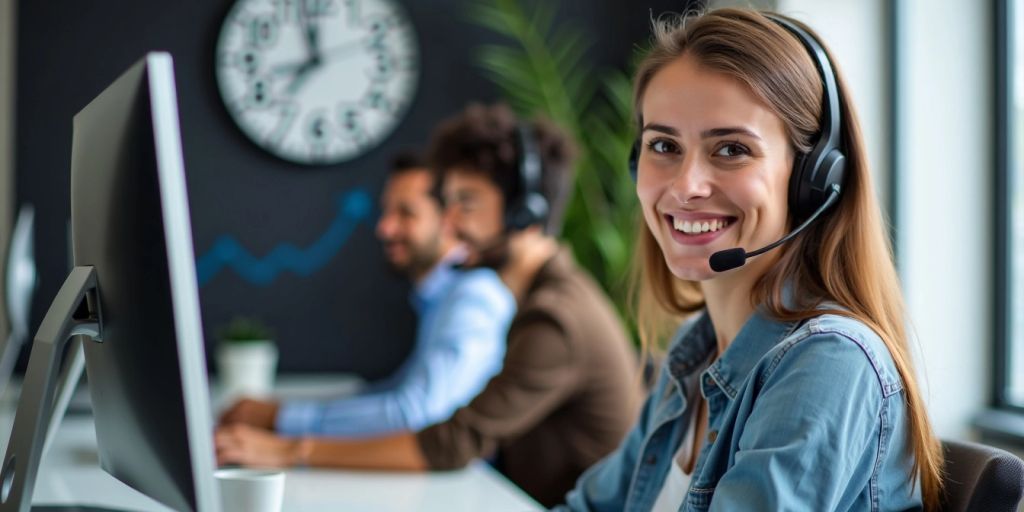 Customer service representative with headset and 24/7 clock