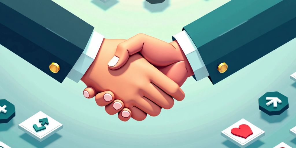 Business professionals shaking hands with service icons.