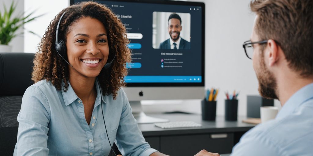 Customer service agent chatting with happy customer