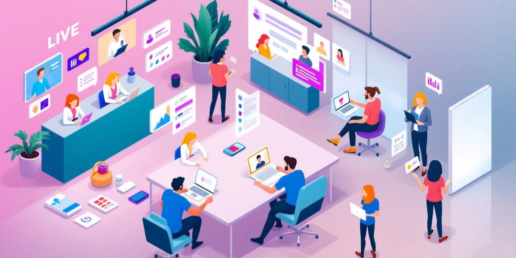 Isometric illustration of live chat in a business setting.