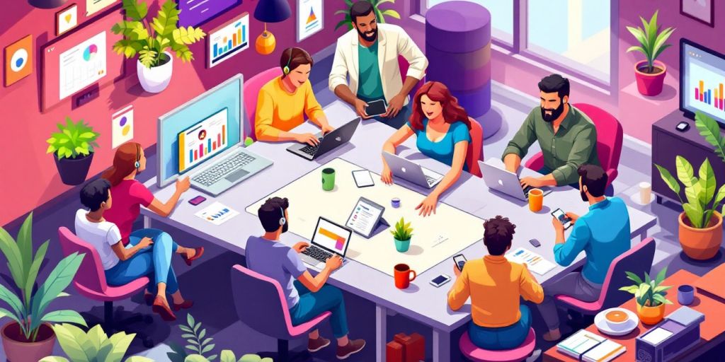 Isometric illustration of a team enhancing online support.