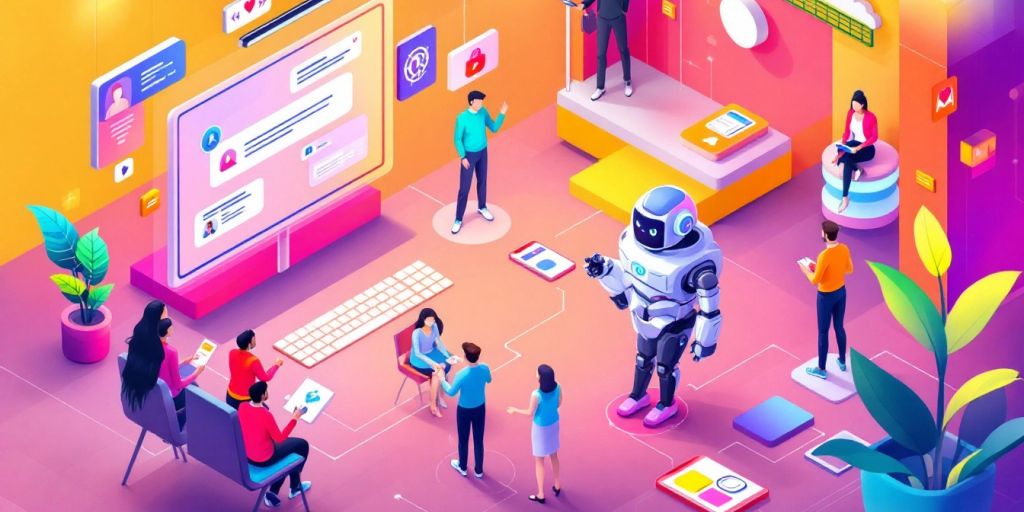 Isometric illustration of a chatbot assisting users.