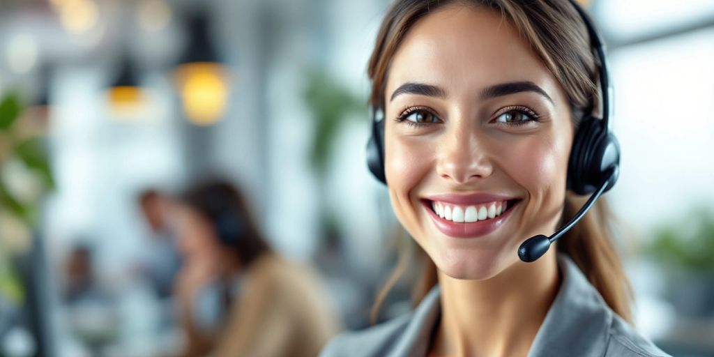 Customer support agent smiling with headset in modern office.